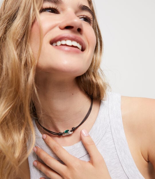 Leather necklace with green crystal, Silver, large